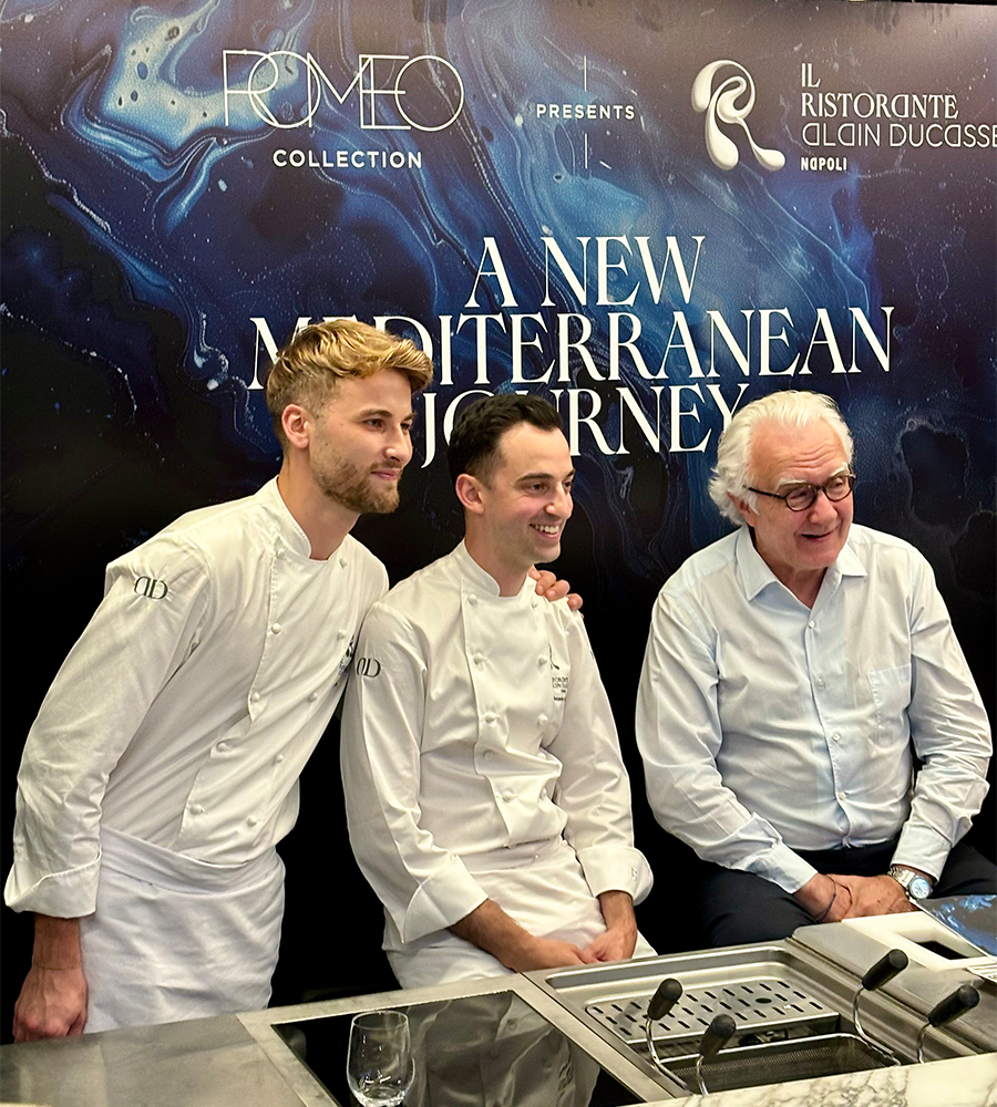 Gli chef Alain Ducasse, Alessandro Lucassino e Stéphane Petit in occasione dell’inaugurazione