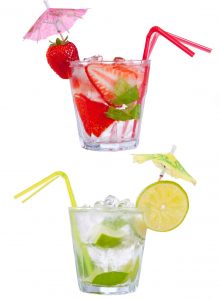 Summer drinks with blur beach on background